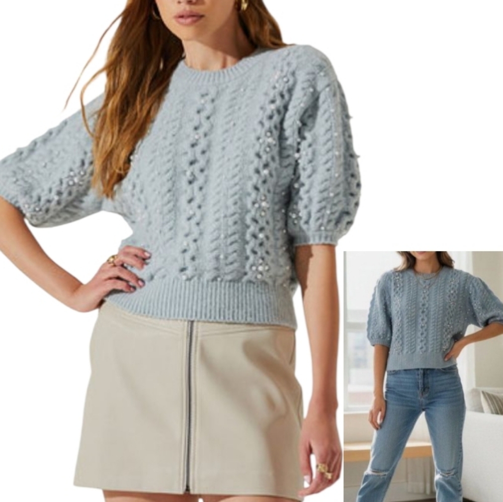 ASTR Koami Pearl Embellished Cableknit Sweater Haze Blue